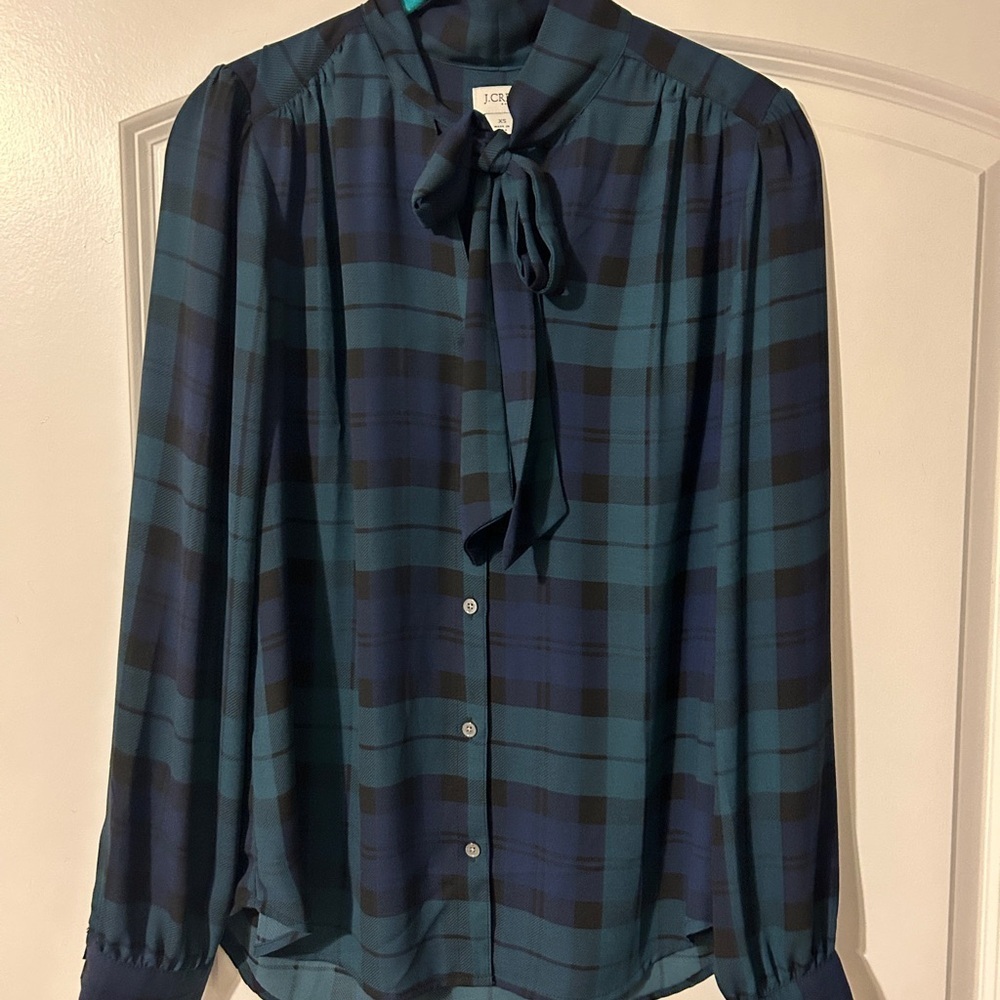 J.Crew Plaid Bow button down Blouse - Blue and Green size XS